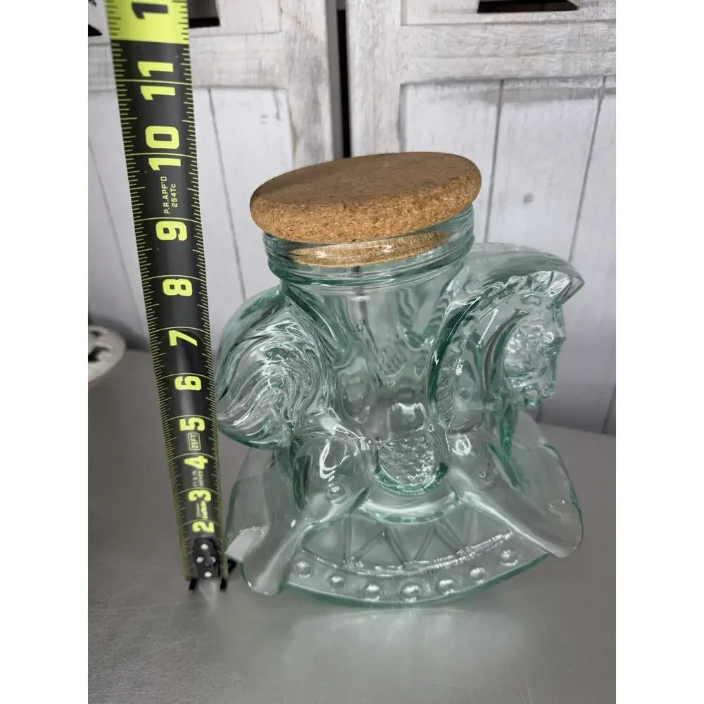 VTG Glass Rocking Horse Jar Canister Cork Lid Made in Italy Blue Green Glass